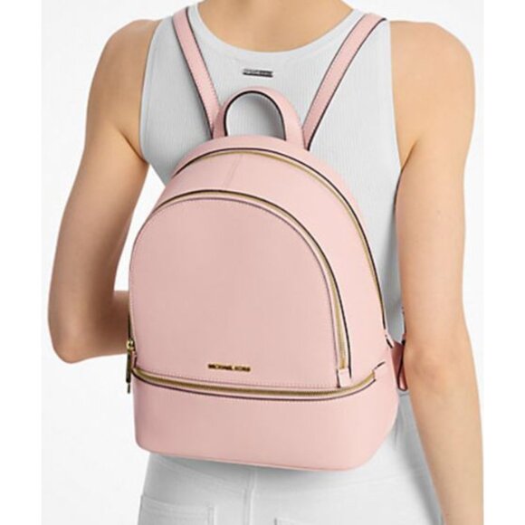 New Michael Kors Rhea Medium Pebbled Leather Backpack Powder Blush - Picture 4 of 5